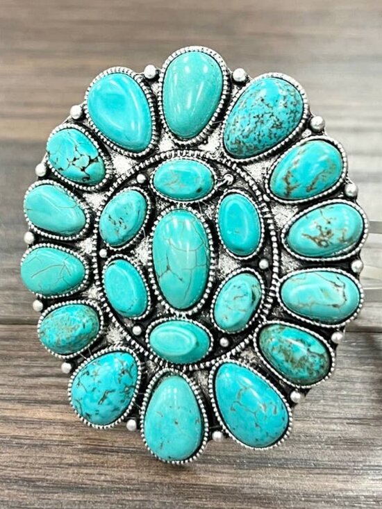 Buckarootique Jewelry - Turquoise Cluster Cuff Bracelet Western Boho Statement Silver Tone Wide